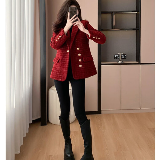 皮尔卡丹（pierre cardin）小香风西装女外套2025新款设计感显瘦轻奢减龄加棉加厚秋冬款外套 黑色 加厚 M 建议95-108斤