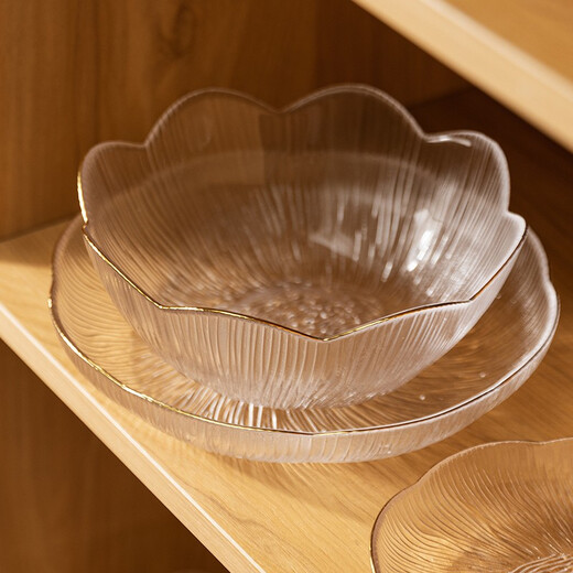 Modern housewife off-shelf glass fruit plate, living room home dessert plate, high-looking European-style transparent dessert bowl, salad plate, 7.6-inch golden flower plate