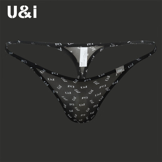U&I men's sexy thong one-piece upward bag ultra-thin ice silk trendy pattern brand underwear 1117-P black