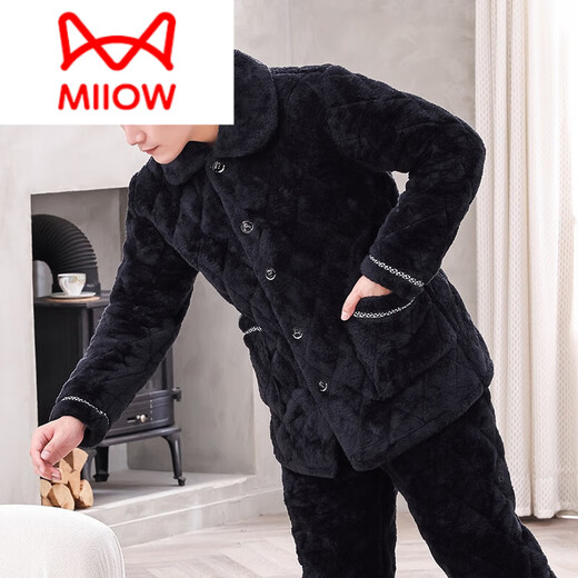 Catman (MiiOW) winter men's pajamas coral velvet three-layer cotton thickened flannel autumn and winter home clothing warm set D9922 blue [plover] L [100-120Jin [Jin equals 0.5 kg]]