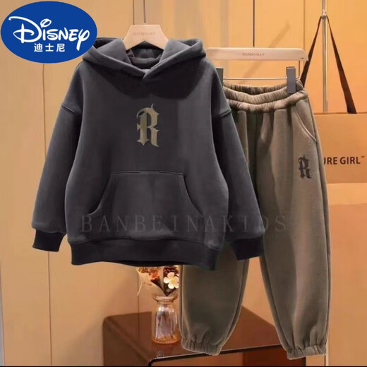 Disney (Disney) Boys Winter Wear Suit 2025 New Medium and Large Children's Autumn and Winter Western Style Children's Boys' Velvet Thickened Sweater Two-piece Set Dark Gray Velvet Two-piece Set 150