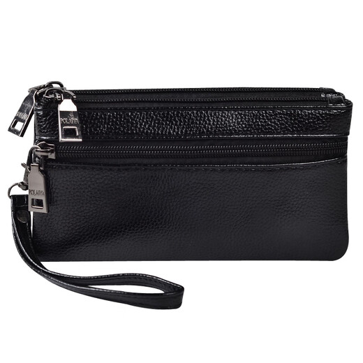 Pitian clutch soft leather four zipper double-layer wallet bag women's fashion trendy large-capacity change key mobile phone black