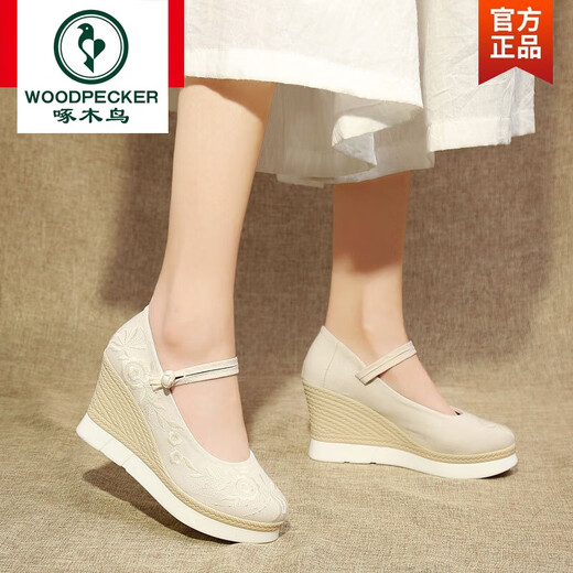 Woodpecker spring and summer ancient style shoes for women height-enhancing Hanfu shoes super high heel retro costume embroidered shoes wedge Chinese national style cloth shoes beige 19-12 height 7cm positive size 36