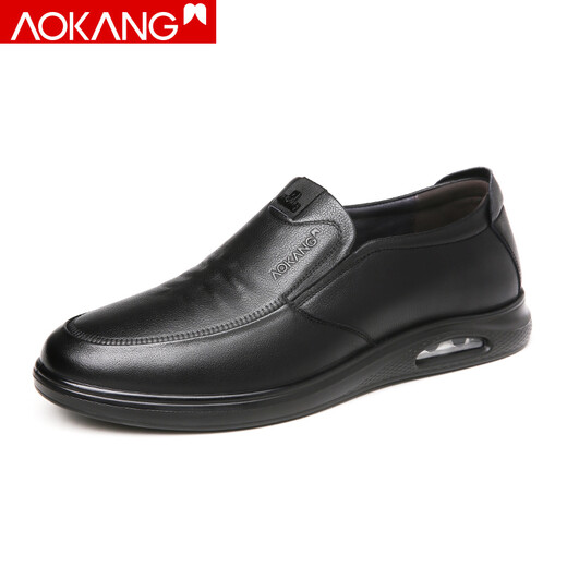 Aokang casual leather shoes men's cowhide air cushion shock-absorbing business shoe covers for middle-aged and elderly dad shoes low-top black covers 40