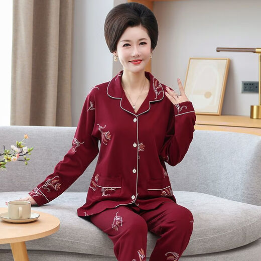 莫代尔中老年妈妈女士睡衣女棉质长袖中年春秋季薄款开衫大码家居服套装 9928JS M 建议80-95斤