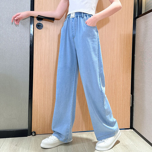 NICKYBABY Girls Summer Jeans Set 2025 New Internet celebrity fashionable children junior high school summer suit short-sleeved wide-leg big children 9889 white + 15030 blue 170
