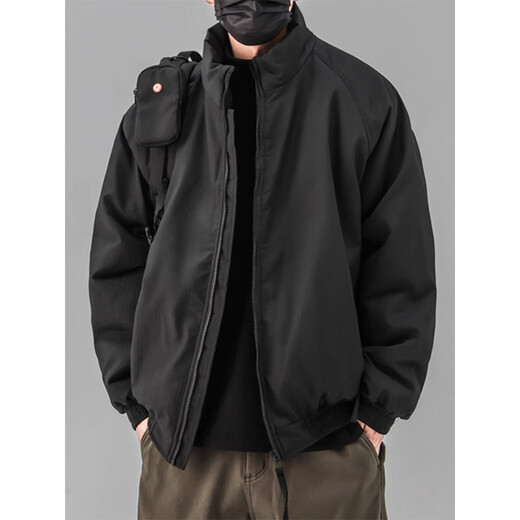 POUM Japanese retro winter new cotton coat men's trendy loose warm cotton jacket loose stand-up collar cotton coat QYRJ-Y20 black XL