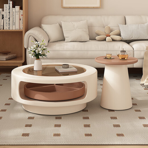 Bamboo holder round glass coffee table living room home 2025 new small apartment cream style designer creative rotating coffee table table rotating coffee table side table combination