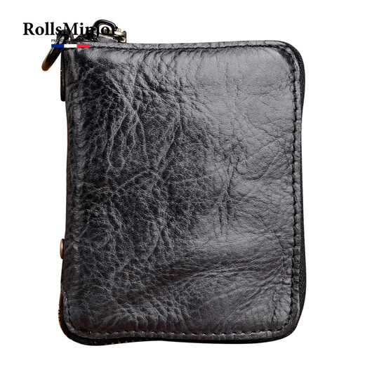 Rollsminjor echte Leder-Brieftasche Herren Kurzer vertikal handgefertigter Gemüse gebräunter Kopfschicht Cowide Retro Reißverschluss Brieftasche mittleren Alters und Jugend Geschenkbox Retro Black 9*2,5*12 cm