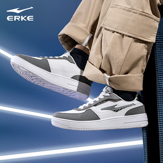 Hongxing Erke (Erke) Herrenschuhe, Sommer- und Herbst-neue Sportschuhe, atmungsaktive Skateboardschuhe, weicher Sohle-Campus-Stil kleine weiße Schuhe, Low Top Casual Schuhe, weiße mittelgraue (weiche Sohle-Saison) Größe 41 (255 mm)
