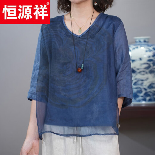 Hengyuanxiang cotton and linen top for women in summer 2025 new fashionable mother ma linen shirt fashionable ramie fashionable shirt 2629-gray purple top 3XL 125-140