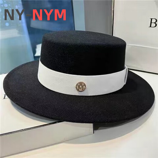 NY-NYM Sombrero de Jazz de Lana de Moda Retro de Estilo británico Sombrero de Mujer Marca de Moda Sombrero Plano de Todo fósforo de la alta sociedad francesa Sombrero Blanco + Banda Negra M (56-58 cm)