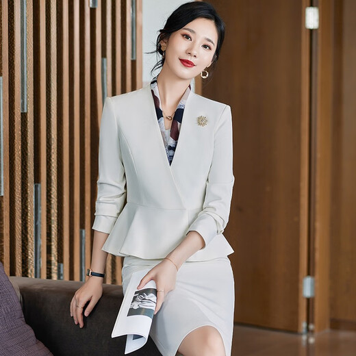 安依莲美容院工作服珠宝店西装套裙两件套春季职业装女人味西服工装制服 2987白色西装+653短群 2XL