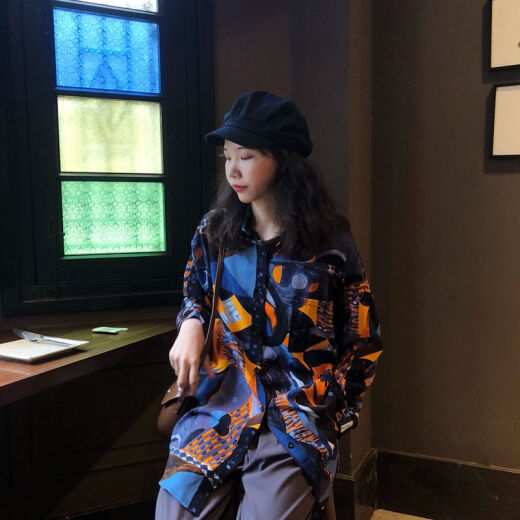 冉艺岚衬衫女春秋新款韩版宽松印花衬衣港味复古长袖衣外套 a 9712 S  收藏店铺ONG小礼物