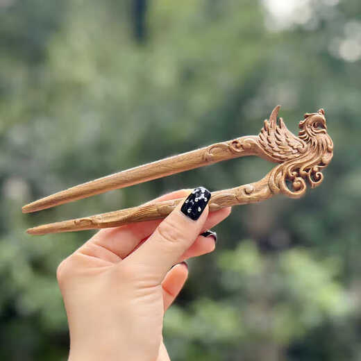 Baozha Original Big Phoenix Green Sandalwood Hairpin Solid Wood Hairpin Log Hairpin U-shaped Hairpin Ancient Style Gift for Women Lingxiao - Green Sandalwood Hairpin About 17cm Long