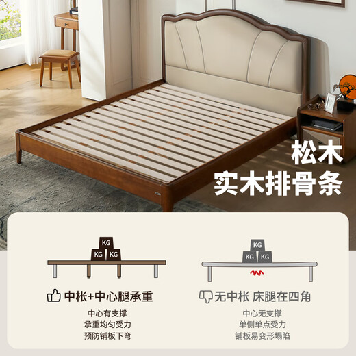 Mousse (de RUCCI) Solid Wood Bed Golden Sandalwood Bed Master Bedroom King Bed Double Bed 1.8 Meters Simple Soft Back Bed Retro Style Crown Bed Full Edge Style (Retro Color)-BCW1-139 (Including Latex Mattress) 1.8*2 Meters