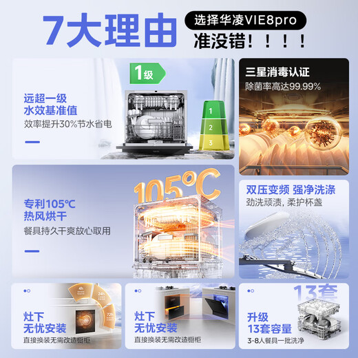 Hualing dishwasher embedded 13 sets of large-capacity Hualing magic machine VIE8pro upgraded to first-class water efficiency 105 hot air drying three-star disinfection household decontamination and disinfection machine embedded under the stove 13 sets of dishwasher VIE8pro