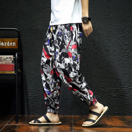 Huatianmu Spring and Autumn Casual Pants Men's Cropped Pants Fashion Loose Men's Trendy Printed Pants Personalized Harem Pants 9-point pants Brown 2XL