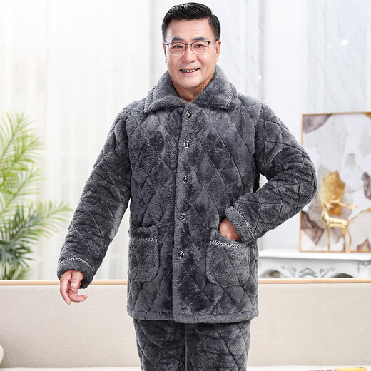 轩朵淇睡衣男冬季加厚加绒珊瑚绒三层夹棉法兰绒爸爸中老年人家居服套装 C9913#黑灰色男【长毛绒】 L(100-120斤)三层加厚