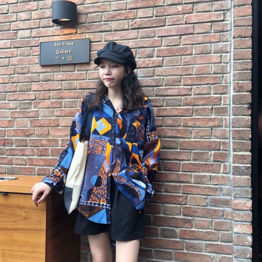 冉艺岚衬衫女春秋新款韩版宽松印花衬衣港味复古长袖衣外套 a 9712 S  收藏店铺ONG小礼物