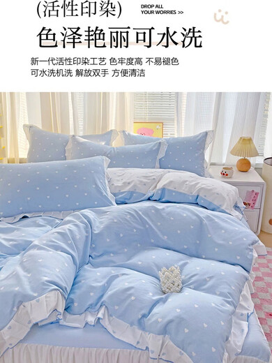 Nanjiren Jiangsu Nantong bed skirt four-piece set pure cotton 100% cotton wool lace small fresh bedding double bedding love - white purple [small fresh cotton lace style] bed sheet style 180*200cm single bed skirt