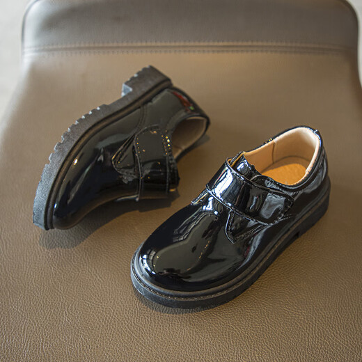 Ershanji Boys Leather Shoes Black Children's Campus Small Leather Shoes Soft Sole Performance Shoes New Performance Little Boys British Students Black Velcro Style 34 Size Inner Length 21.5cm