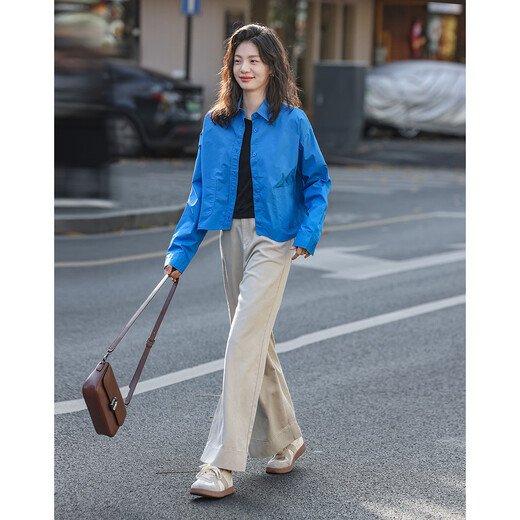 Demana simple and comfortable shirt, spring and autumn lapel diamond blue double patch pocket short long-sleeved shirt for women