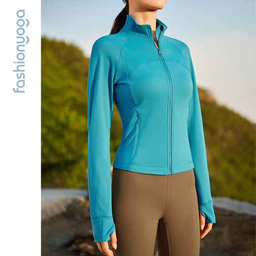 
Fan Sheng Yoga Running Fitness Clothes for Women Slim waist-length long-sleeved nude elastic sports jacket jacket cardigan FC12858 Moonlight Black XL