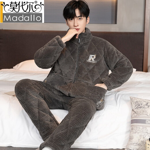 
Modal men's pajamas in winter wear warmth, thickened velvet coral velvet three-layer cotton zipper flannel home set N9902 lake blue gray set XL weight (120-140Jin [Jin equals 0.5 kg])
