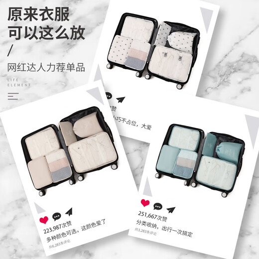 Jingdie 6-piece set, travel storage bag, suitcase, clothes sorting, travel clothing, business trip underwear storage bag, travel bag thickened 6-piece set, lake blue