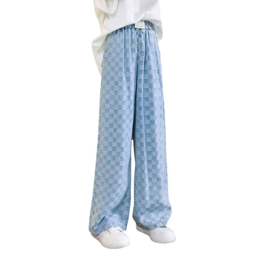 NICKYBABY girls' pants summer thin 2025 new big children's summer straight wide-leg mosquito-repellent pants children's Tennis jeans 15040 light blue grid + 9921 white [set] 120