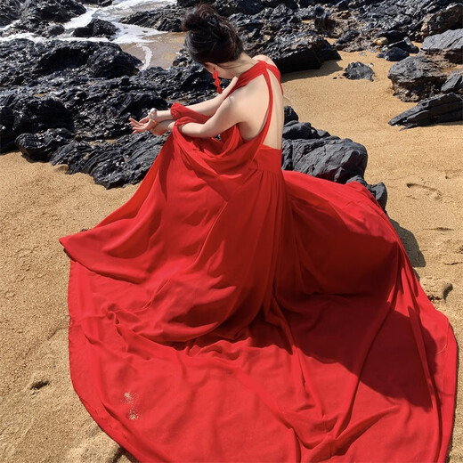 姿三彩晨袍女新娘订婚敬酒礼服性感挂脖海边拍照轻婚纱连衣裙 红色 L