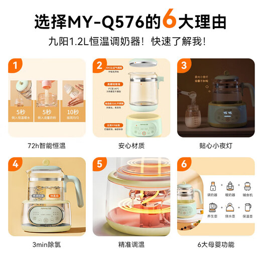 Joyoung thermostatic hot water kettle for infants at home, dedicated milk powder and milk mixer, boiling water, intelligent thermal insulation milk foaming machine artifact, upgraded to high power 1.2L green with night light Q576