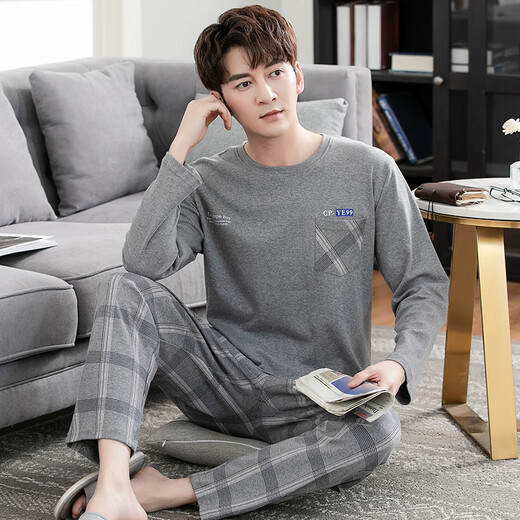 Modal men's pajamas spring and autumn style teenager round neck long sleeves full fat plus size casual loose home clothing set 8LF9928 L 170 weight 120-140Jin [Jin equals 0.5 kg]