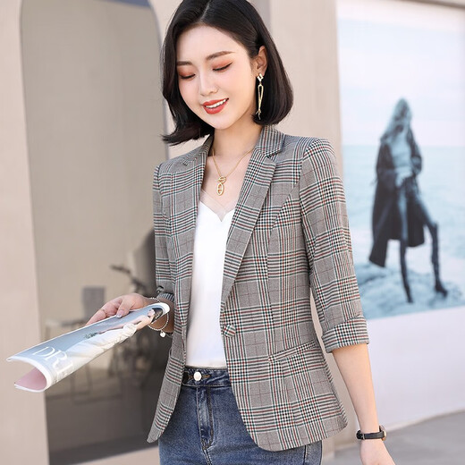 樱芭妮格子小西装外套女2025春秋新款修身显瘦小个子休闲小西服长袖上衣 8918杏格长袖 2XL （119-128斤）