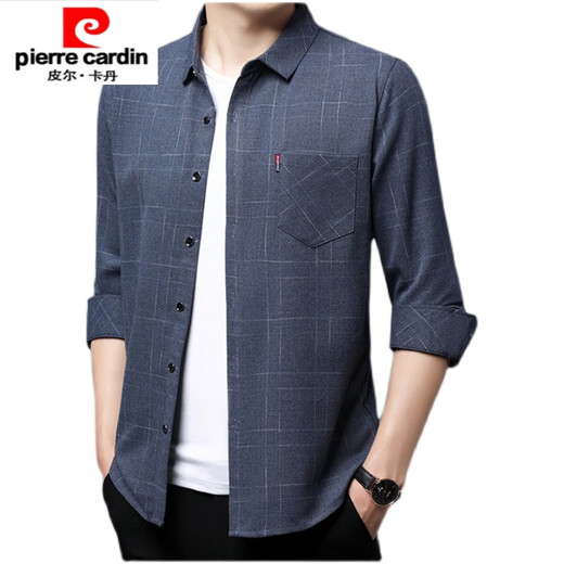 Pier Cardin High-End Pure Cotton Long-Ärmeln Hemd für Männer Frühling und Herbststil echtes Taschenmeister im mittleren Alter losen Lose Hemd für Männer für Männer, dünne 6626 Blau 175/XL Empfehlung 135-145jin [Jin gleich 0,5 kg]