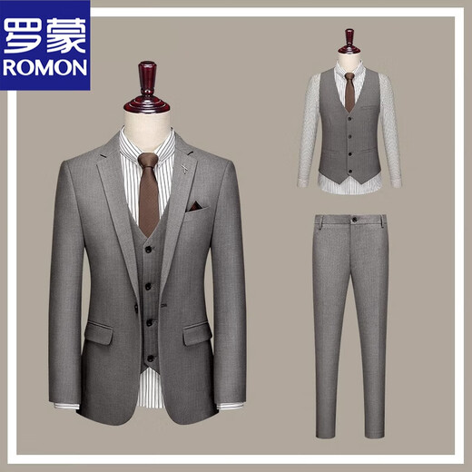 ROMON haute couture suit men's slim and handsome groom's dress formal British style suit three-piece suit black gray two-piece suit 2XL