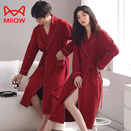 
Cat Man (MiiOW) couple nightgown spring and autumn style wedding bride bathrobe morning robe men and women wedding festive big red medium-length home clothing GHJ16834 men's 3XL