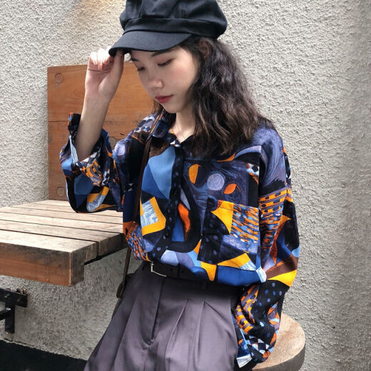 冉艺岚衬衫女春秋新款韩版宽松印花衬衣港味复古长袖衣外套 a 9712 S  收藏店铺ONG小礼物