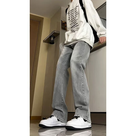 潮韩都纯色水泥烟灰色牛仔裤皮带男款感微喇裤子美式高街百搭休闲裤 G841水泥灰 S