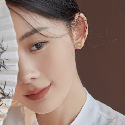 Idel Square Hetian Jade Earrings New Silver Ear Hole Earrings Retro French Earrings Women's Niche Earrings Birthday Gift Hetian Jade Earrings Women E3038