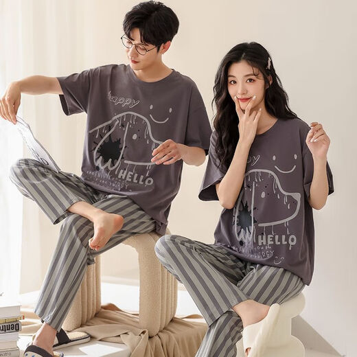 
Arctic velvet (Bejirog) pure cotton couple pajamas in summer one man and one woman short-sleeved pants pullover cartoon casual home clothes suit 686 couples [pure cotton] 2XL women + men XXL