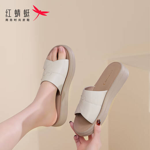 红蜻蜓拖鞋女外穿厚底坡跟罗马凉拖女软底皮面一字拖鞋WTK240742米色37