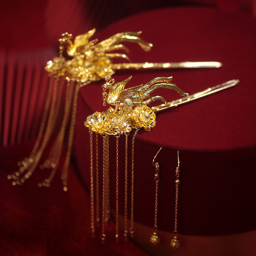 Suyi embroidered golden phoenix crown with tassels, grand antique style wedding hairpin, beautiful dress, hair accessories, bridal headdress, phoenix hairpin (single)