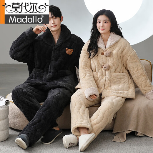 
Modal couple pajamas autumn and winter coral velvet one for men and women thickened plus velvet three-layer cotton can be worn outside home clothing set 1365 couple M women's style