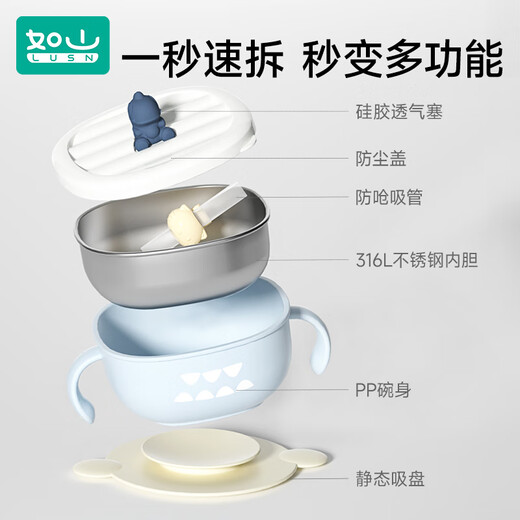 Rushan Baby Supplementary Food Bowl für Baby Drink Suppenschüssel für Kinder essen Schüssel für Reisschüssel für Ausflugschicht 316L Edelstahlschale für Dinosaurier Edelstahlschüssel [Lisemie] + Anti-Schlupf-Saugschale