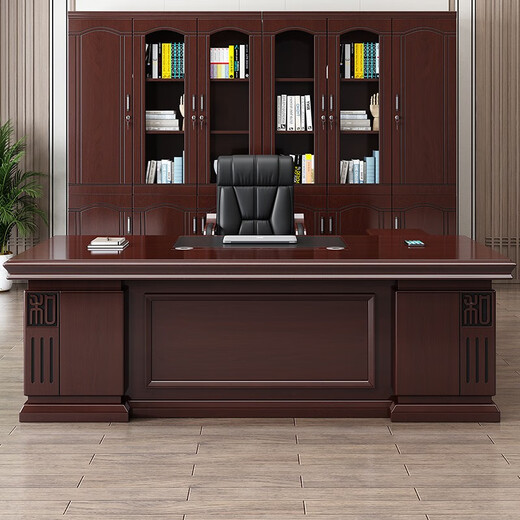 Miafei Boss Desk Modern Simple Straight Side Office Desk President Desk New Chinese Style Office Desk and Chair Single Office Furniture Combination 2 Meter Desk + Double Cabinet + Boss Chair + 4 Door Bookcase