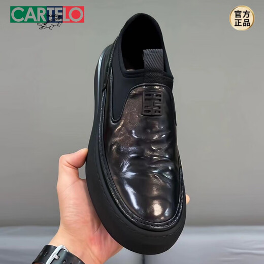CARTELO first-layer cowhide trendy brand men's shoes 2025 autumn new slip-on cowhide business casual shoes genuine leather thick sole 80195 black 41 standard leather shoe size