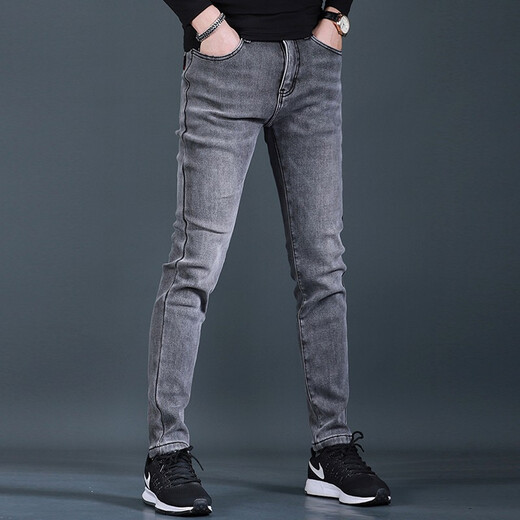 
Fan Litai autumn and winter plus velvet thickened smoke gray jeans for men slim feet fashionable casual simple men jeans long trousers QQ 1049 gray 33