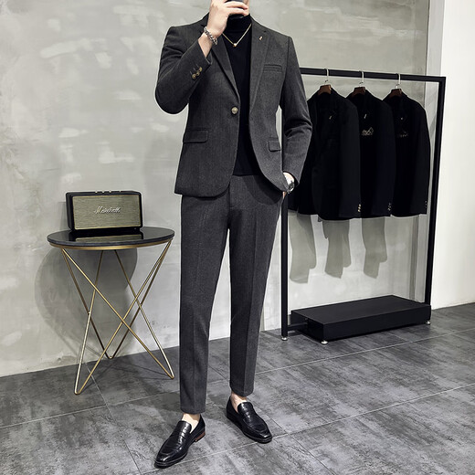 Jess Wollanzug Jacke Herbst und Winter Dicke Business Official Casual Anzug Set Korean Slim Slim Set Grey (einteiliger Anzug) L (110-125jin [Jin gleich 0,5 kg]))